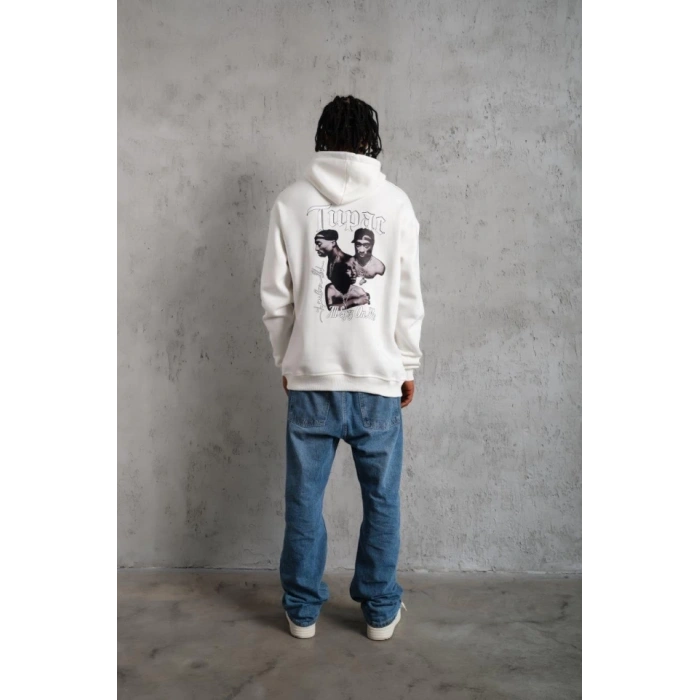 Erkek Oversize Üç İplik Kapüşonlu weat – Kol Ve Etek Ribana Detaylı, Ön Ve ırt Baskılı, Kanguru Cepli Rahat Kalıp odel  Beyaz