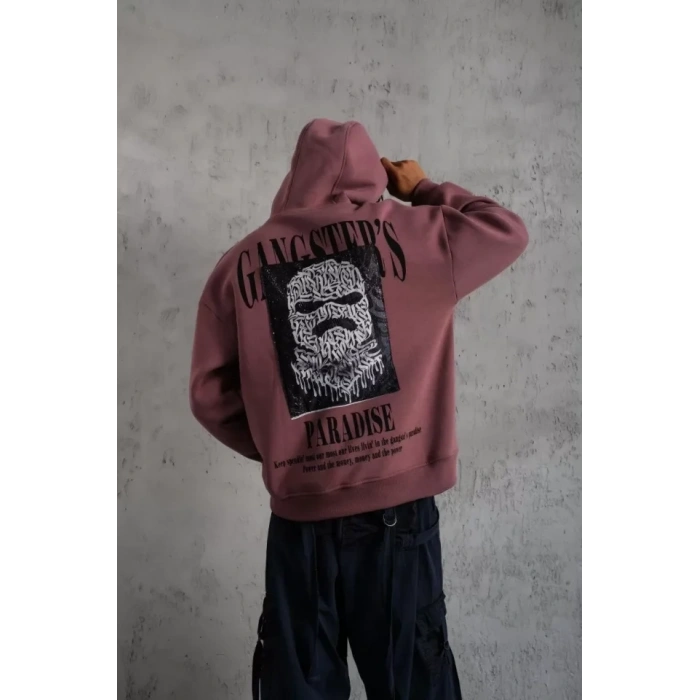 Erkek Paradise Baskılı Kapüşonlu weat  Gül Kurusu