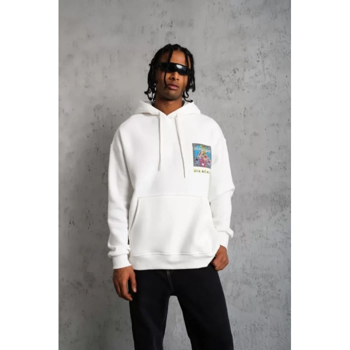 Erkek Patel ix Baskılı Kapüşonlu weat  Beyaz