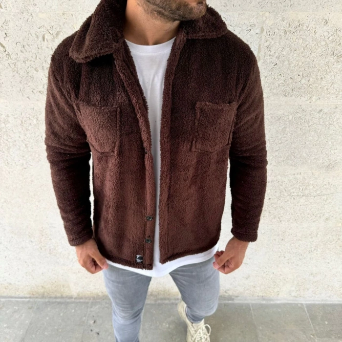 Erkek Pelüş Polar Hırka Gömlek – Yakalı, İlik Düğmeli, Göğüs Cepli, Yumuşak Dokulu Kışlık Regular Fit Rahat Günlük odel  Kahverengi