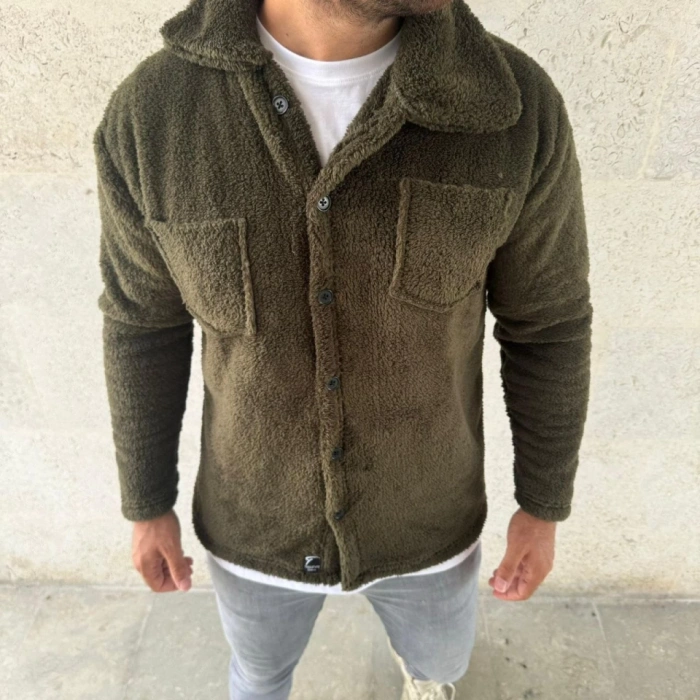 Erkek Pelüş Polar Hırka Gömlek – Yakalı, İlik Düğmeli, Göğüs Cepli, Yumuşak Dokulu Kışlık Regular Fit Rahat Günlük odel  Haki