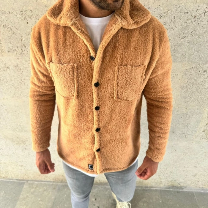 Erkek Pelüş Polar Hırka Gömlek – Yakalı, İlik Düğmeli, Göğüs Cepli, Yumuşak Dokulu Kışlık Regular Fit Rahat Günlük odel  Açık Kahve