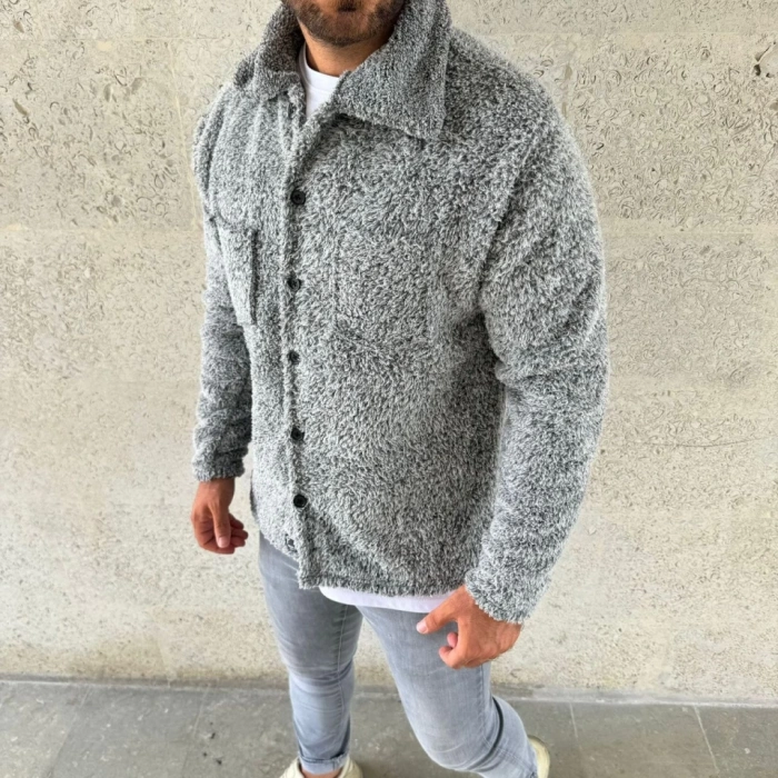Erkek Pelüş Polar Hırka Gömlek – Yakalı, İlik Düğmeli, Göğüs Cepli, Yumuşak Dokulu Kışlık Regular Fit Rahat Günlük odel  Gri