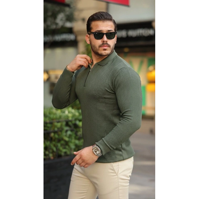 Erkek Pirinç Desenli Uzun Kollu Yakalı Triko