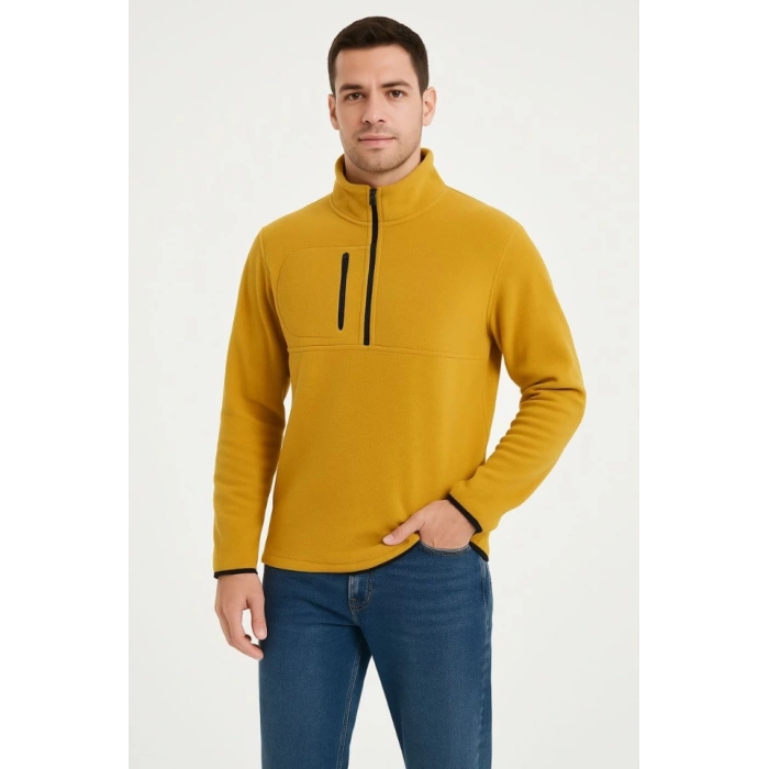 Erkek Polar Kazak – Dik Yaka, Yarım Fermuarlı, Fermuarlı Göğüs Cepli, iyah Biyeli, Kışlık Rahat Regular Fit Günlük odel  arı