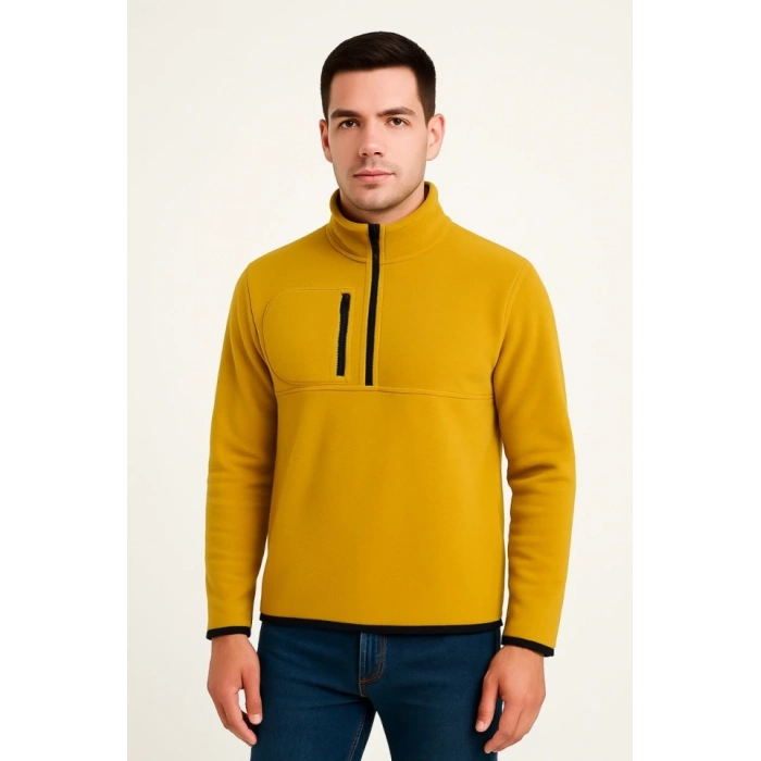 Erkek Polar Kazak – Dik Yaka, Yarım Fermuarlı, Fermuarlı Göğüs Cepli, iyah Biyeli, Kışlık Rahat Regular Fit Günlük odel  arı