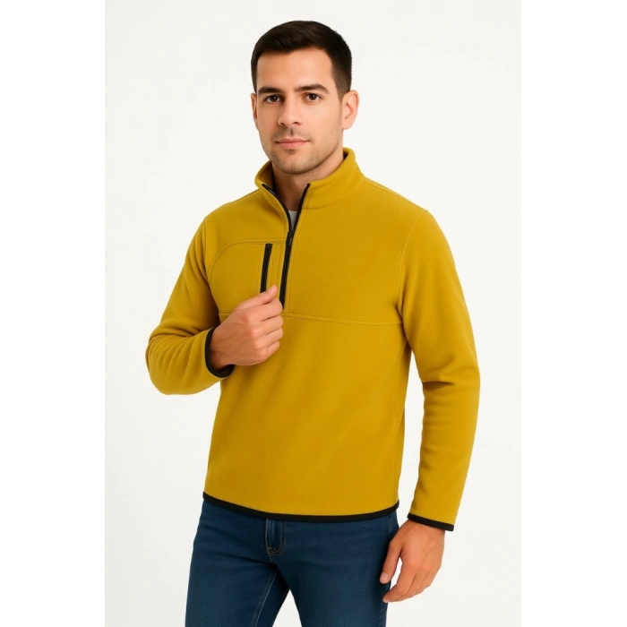 Erkek Polar Kazak – Dik Yaka, Yarım Fermuarlı, Fermuarlı Göğüs Cepli, iyah Biyeli, Kışlık Rahat Regular Fit Günlük odel  arı