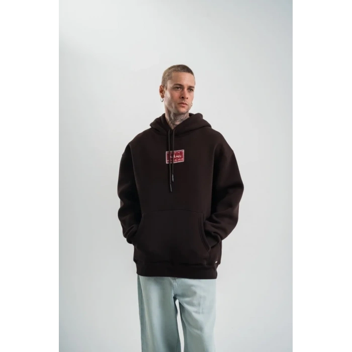 Erkek Premium Nakışlı Kapşonlu Sweatshirt Double Oversize Üç İplik Pamuklu  Siyah