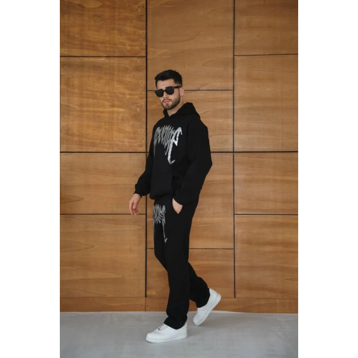 Erkek Premium Taş Baskılı Eşofman Takım Revenge odel (iyah) Kapüşonlu Üst + Taşlı Baskılı Alt odern treetwear Tarzı Oversize Rahat Kalıp 3 Iplik Pamuklu  iyah