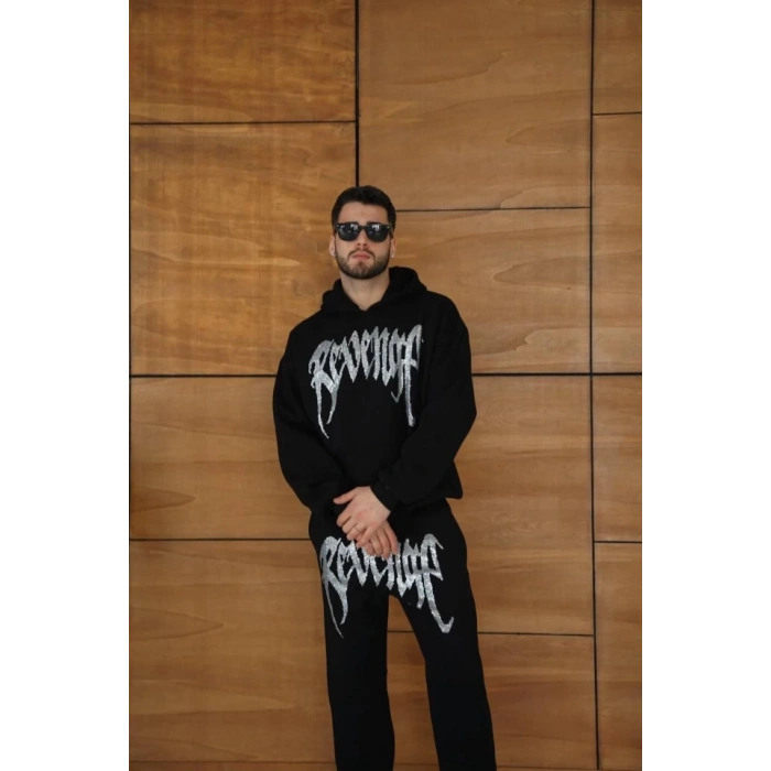 Erkek Premium Taş Baskılı Eşofman Takım Revenge odel (iyah) Kapüşonlu Üst + Taşlı Baskılı Alt odern treetwear Tarzı Oversize Rahat Kalıp 3 Iplik Pamuklu  iyah