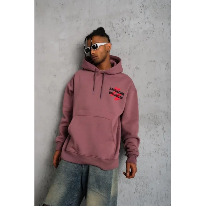 Erkek Şapkalı Güvercin Baskılı Kapşonlu weat  Gül Kurusu