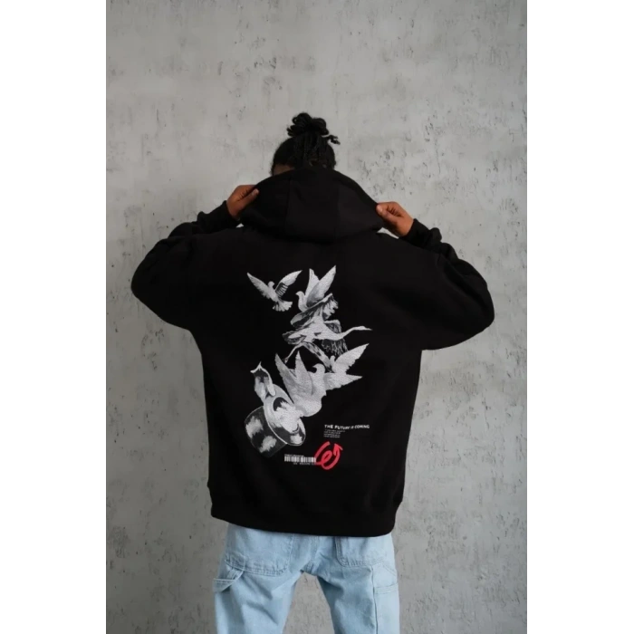 Erkek Şapkalı Güvercin Baskılı Kapşonlu weat  iyah