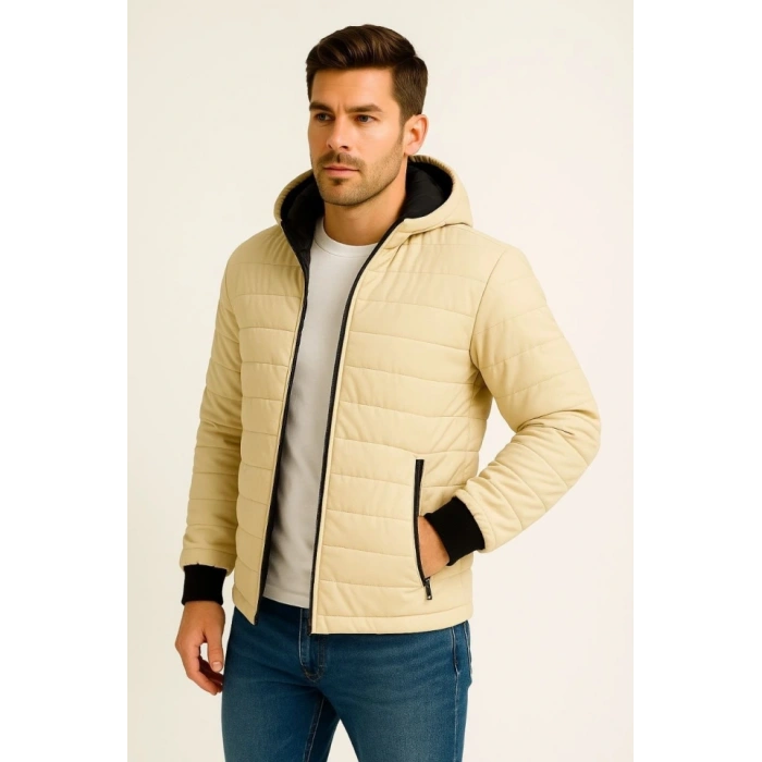 Erkek Şişme Kapüşonlu Fermuarlı ont u Itici Kapitone Astarlı Kumaş Cepli Kışlık Rahat Kalıp  Bej