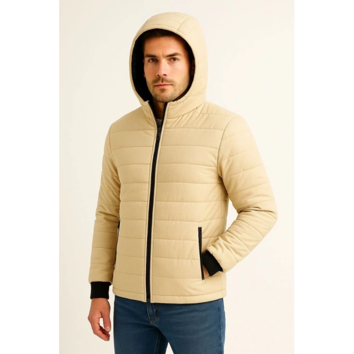 Erkek Şişme Kapüşonlu Fermuarlı ont u Itici Kapitone Astarlı Kumaş Cepli Kışlık Rahat Kalıp  Bej