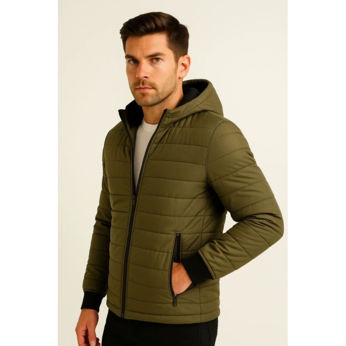 Erkek Şişme Kapüşonlu Fermuarlı ont u Itici Kapitone Astarlı Kumaş Cepli Kışlık Rahat Kalıp  Haki