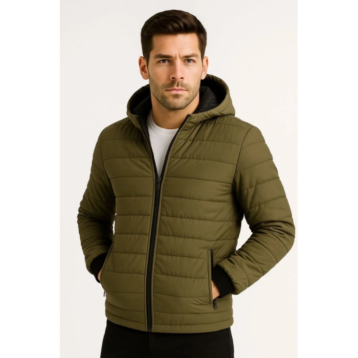 Erkek Şişme Kapüşonlu Fermuarlı ont u Itici Kapitone Astarlı Kumaş Cepli Kışlık Rahat Kalıp  Haki