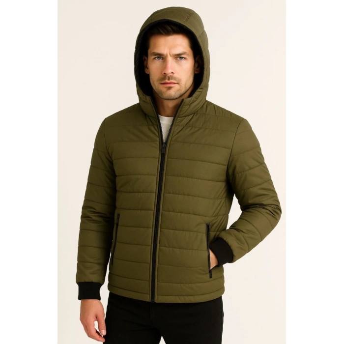 Erkek Şişme Kapüşonlu Fermuarlı ont u Itici Kapitone Astarlı Kumaş Cepli Kışlık Rahat Kalıp  Haki