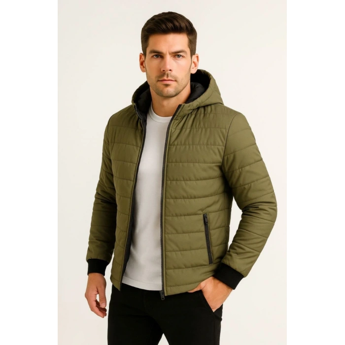 Erkek Şişme Kapüşonlu Fermuarlı ont u Itici Kapitone Astarlı Kumaş Cepli Kışlık Rahat Kalıp  Haki