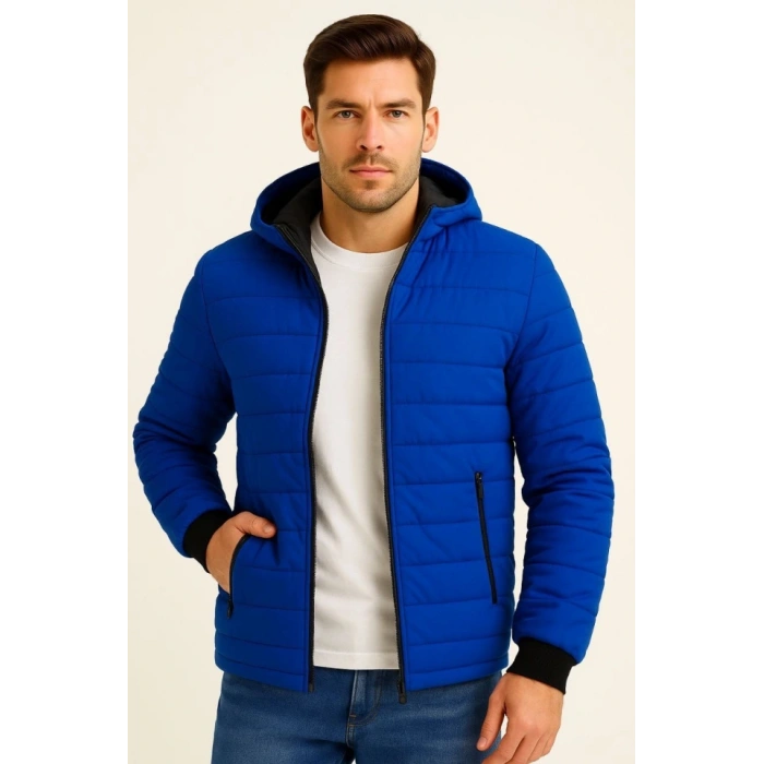 Erkek Şişme Kapüşonlu Fermuarlı ont u Itici Kapitone Astarlı Kumaş Cepli Kışlık Rahat Kalıp  aks avisi