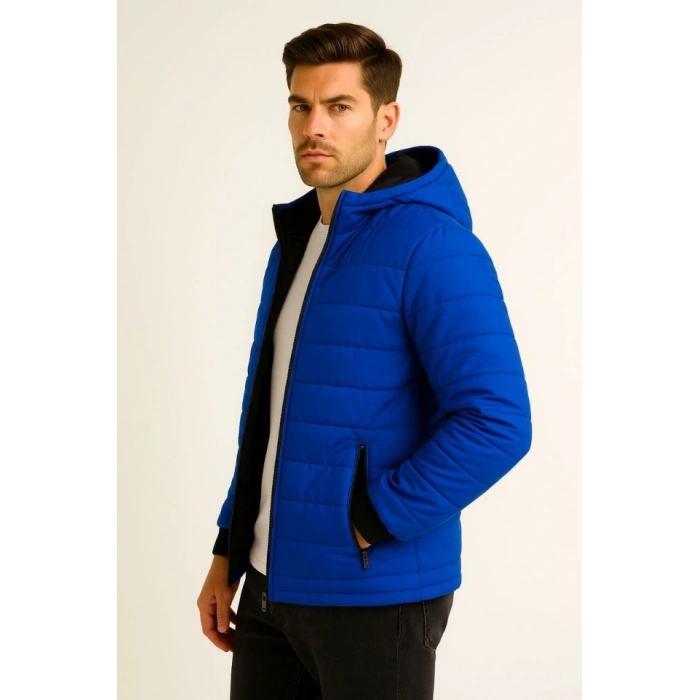 Erkek Şişme Kapüşonlu Fermuarlı ont u Itici Kapitone Astarlı Kumaş Cepli Kışlık Rahat Kalıp  aks avisi