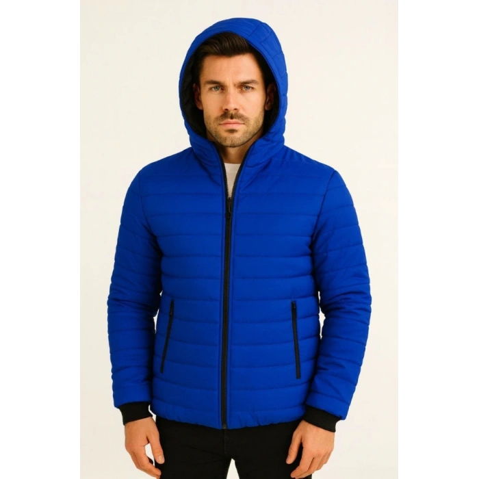 Erkek Şişme Kapüşonlu Fermuarlı ont u Itici Kapitone Astarlı Kumaş Cepli Kışlık Rahat Kalıp  aks avisi