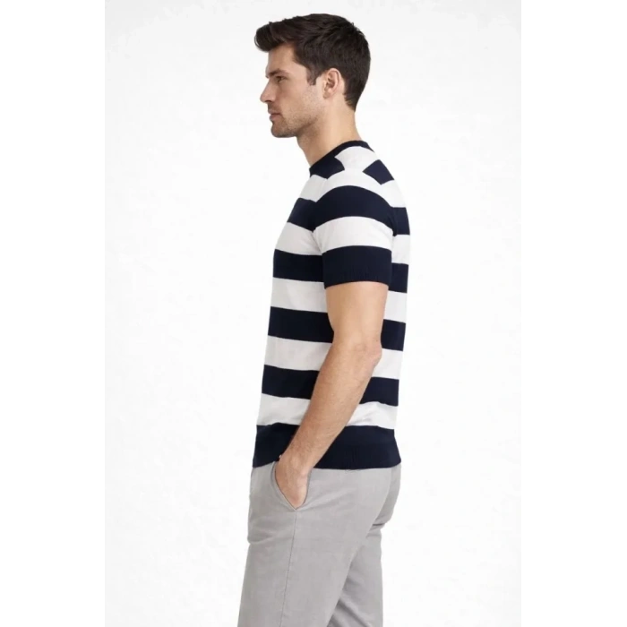 Erkek Tshirt Çizgili Triko Dokuma Bisiklet Yaka Tişört   iyah