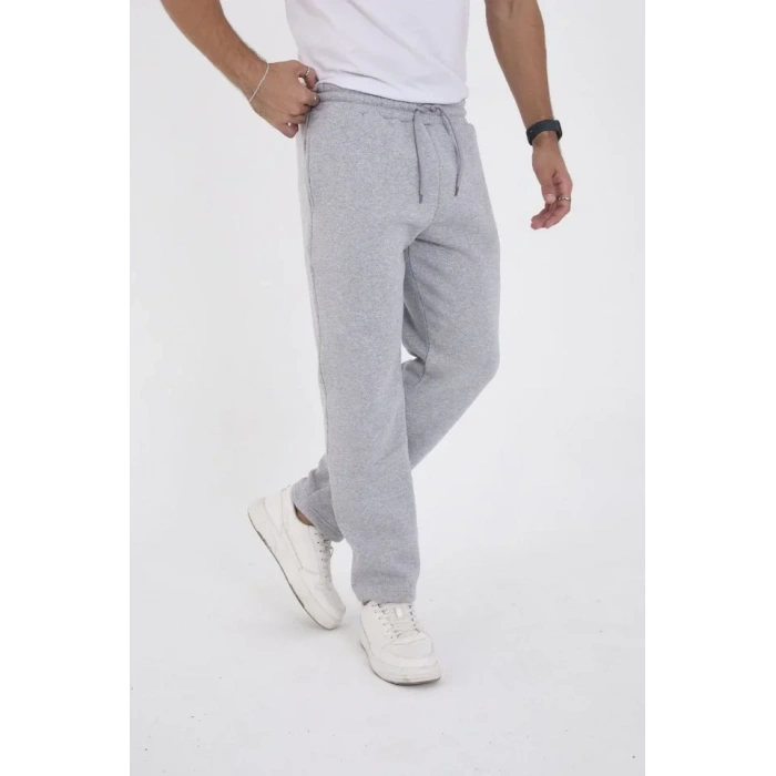 Erkek Üç İplik Basic Eşofman Boru Paça İpli Pantolon  Gri