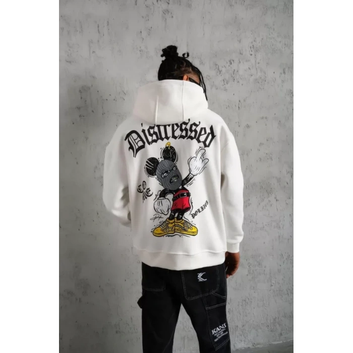 Erkek Üç İplik Baskılı Kapüşonlu  weat  Beyaz