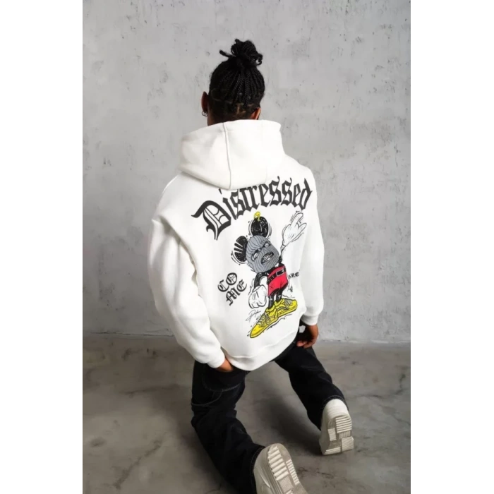 Erkek Üç İplik Baskılı Kapüşonlu  weat  Beyaz