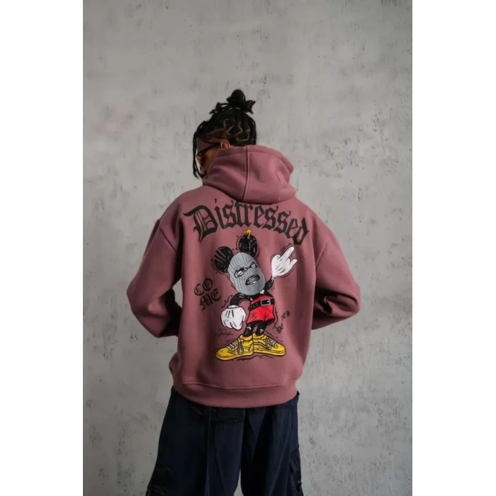 Erkek Üç İplik Baskılı Kapüşonlu weat  Gül Kurusu