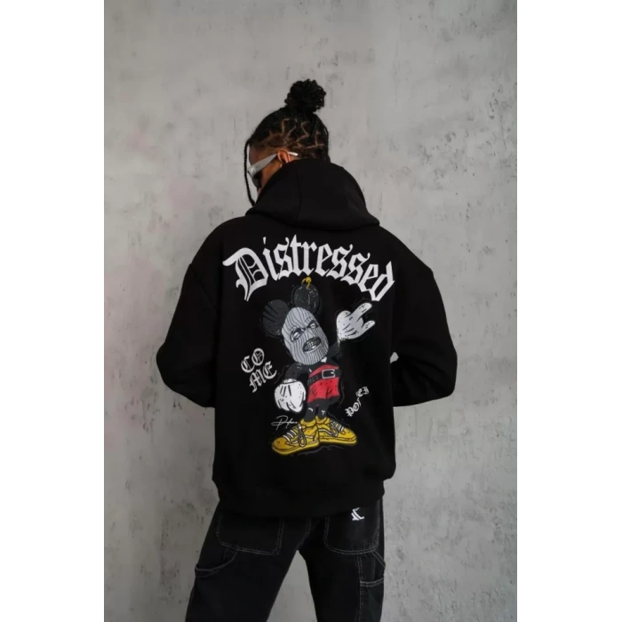 Erkek Üç İplik Baskılı Kapüşonlu weat  iyah