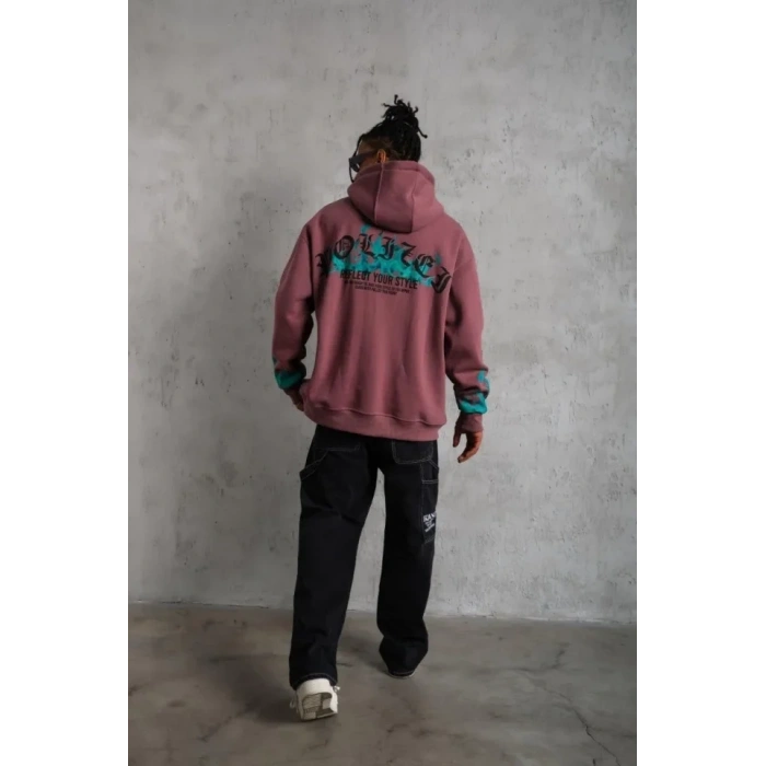 Erkek Üç İplik Içi Pamuklu Alev Baskılı Kapüşonlu weatshirt  Gül Kurusu