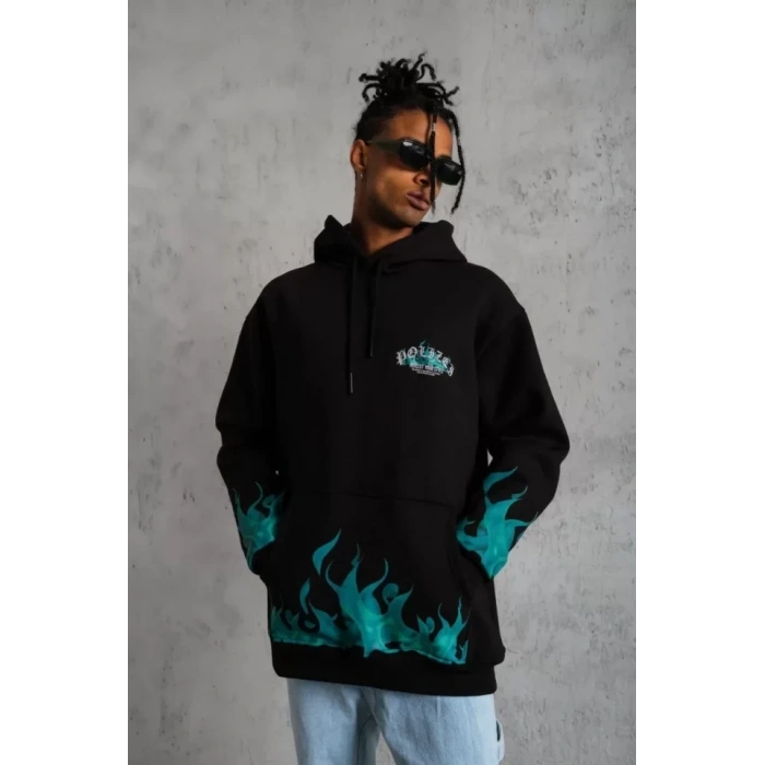 Erkek Üç İplik İçi Pamuklu Alev Baskılı Kapüşonlu weatshirt  iyah