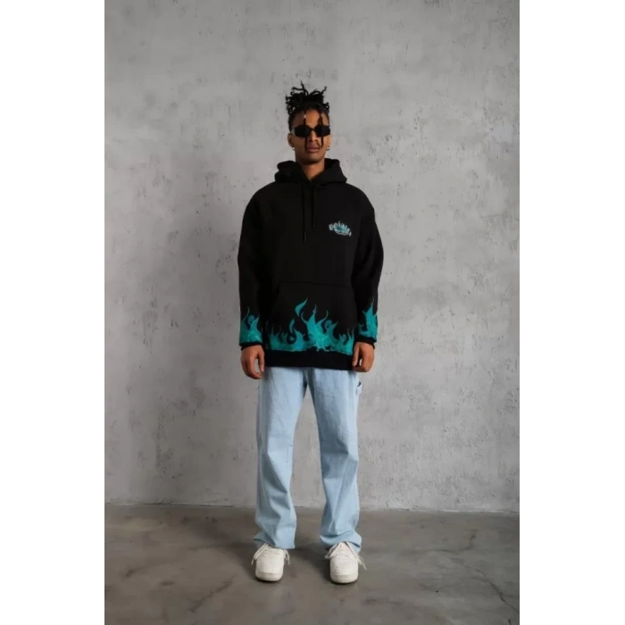 Erkek Üç İplik İçi Pamuklu Alev Baskılı Kapüşonlu weatshirt  iyah