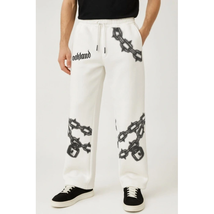 Erkek Üç İplik Pamuklu Baskılı Cepli Jogger Buggy Pantalon Oversize Kalıp  Beyaz