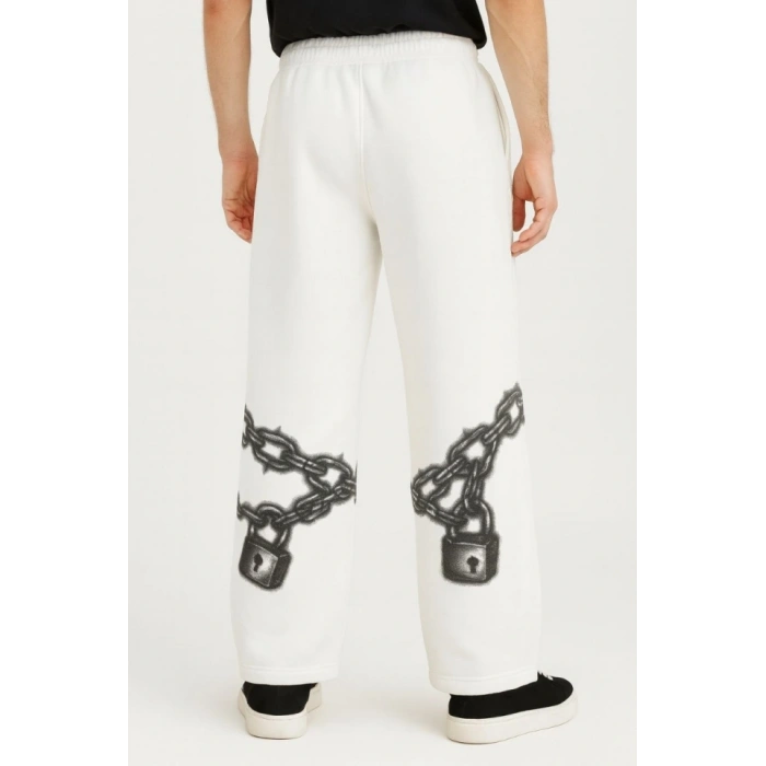 Erkek Üç İplik Pamuklu Baskılı Cepli Jogger Buggy Pantalon Oversize Kalıp  Beyaz