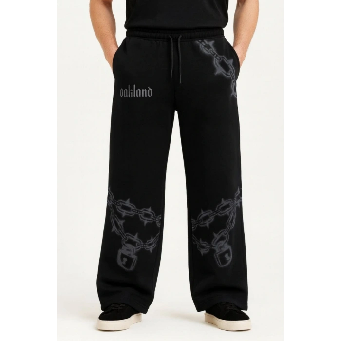 Erkek Üç İplik Pamuklu Baskılı Cepli Jogger Buggy Pantalon Oversize Kalıp  iyah