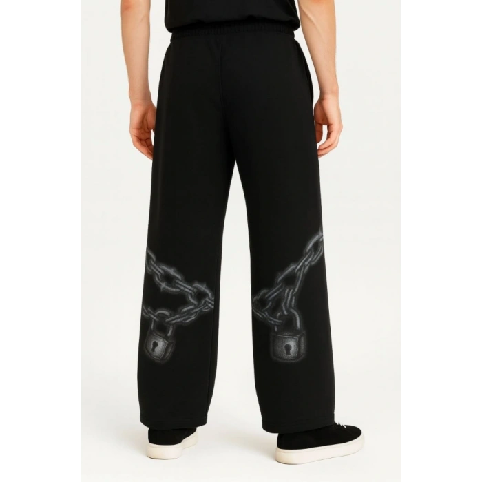 Erkek Üç İplik Pamuklu Baskılı Cepli Jogger Buggy Pantalon Oversize Kalıp  iyah