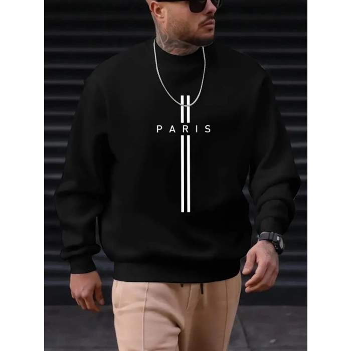 Erkek Uzun Kollu Bisiklet Yaka Yazı Detaylı Iki Iplik Sweat