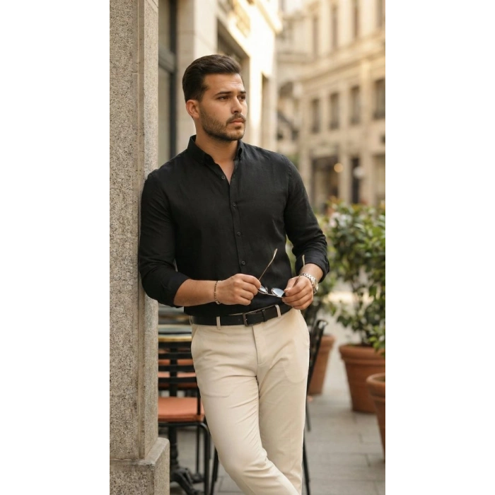 Erkek Uzun Kollu Rahat Keten Gömlek