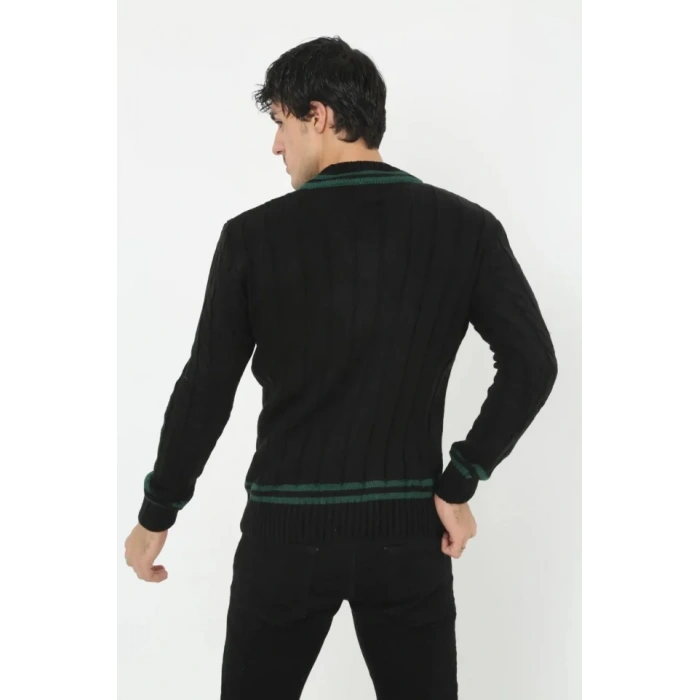 Erkek V Yaka Örgülü Kazak  Siyah