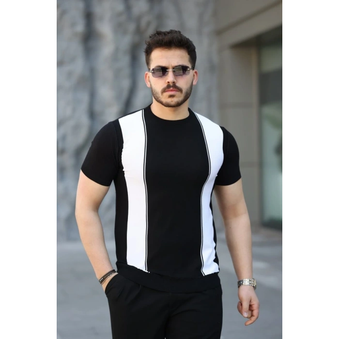 Erkek Viskon Kumaş Bisiklet Yaka çizgi Desenli Tişört