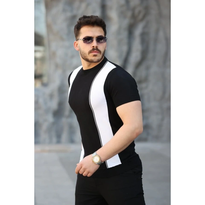 Erkek Viskon Kumaş Bisiklet Yaka çizgi Desenli Tişört