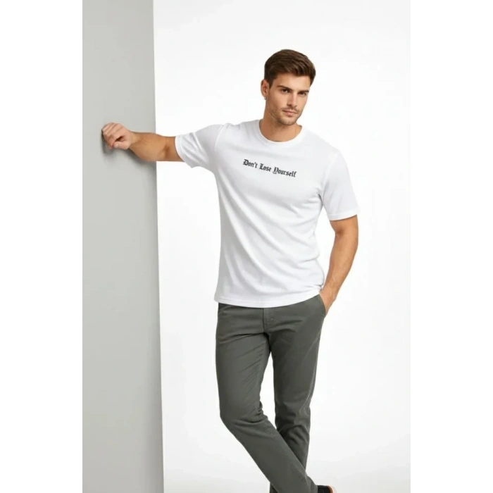 Erkek Wafıl Kumaş Tişört Regular Kalıp Bisiklet Yaka Baskılı Günlük Basic Thirt  Beyaz