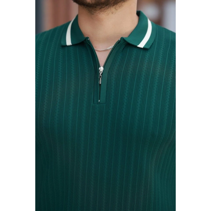 Erkek Yaka Ve Kolları çizgi Detaylı Fermuarlı Kısa Kollu Tshirt