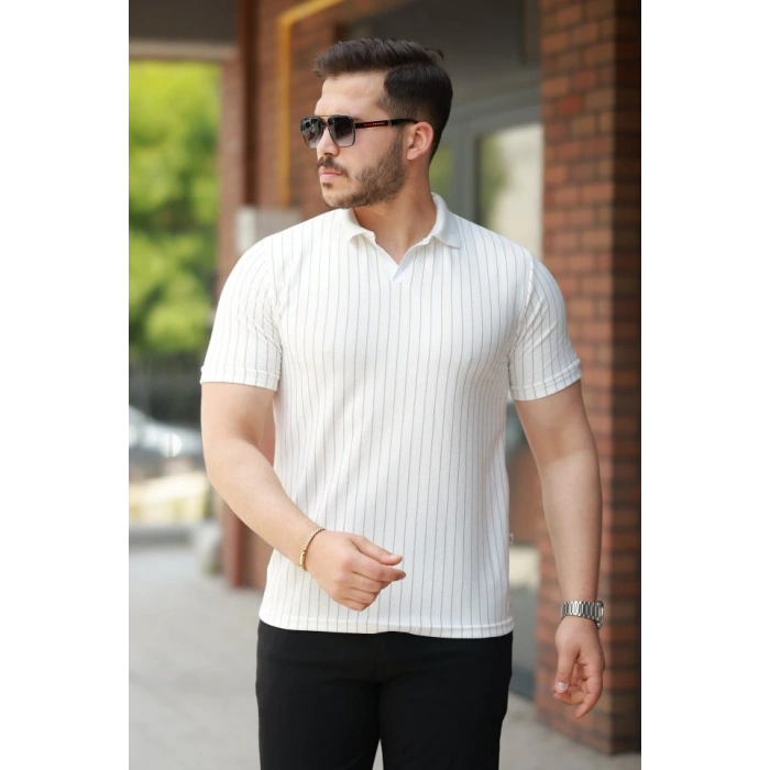 Erkek Yakalı çizgi Desenli Kısa Kollu Tişört