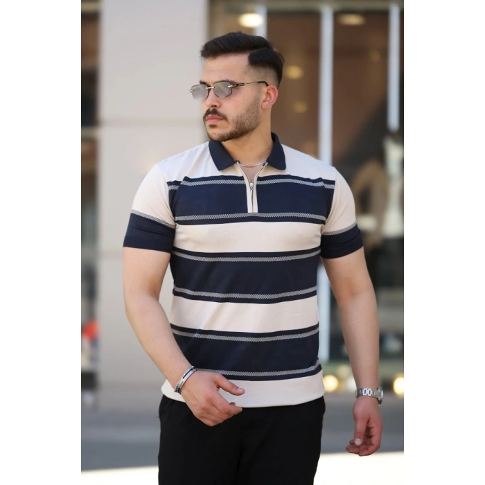 Erkek Yakalı Fermuarlı çift Renk Kısa Kollu Tshirt