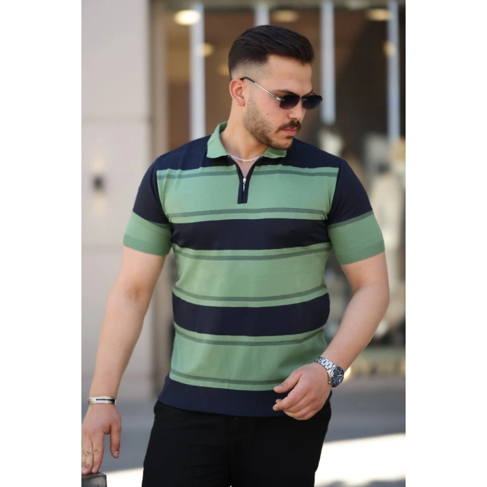 Erkek Yakalı Fermuarlı çift Renk Kısa Kollu Tshirt