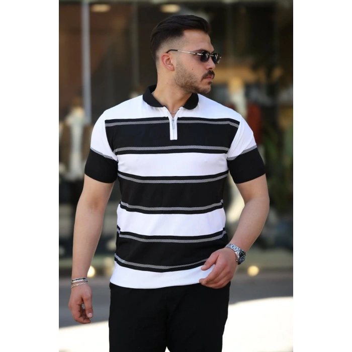 Erkek Yakalı Fermuarlı çift Renk Kısa Kollu Tshirt