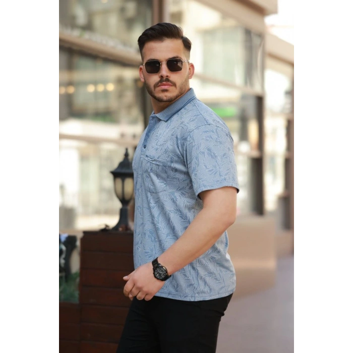 Erkek Yakalı Jakar Baskılı Kısa Kollu Tshirt